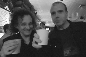 Teetotalling lads Martin Hayes and Kevin Crawford drink tea after the concert last June, at 11th Street Bar
