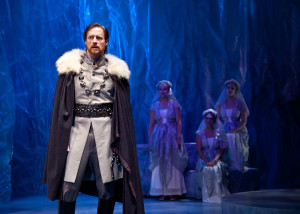 Heroic Pericles (Jon Barker) embarks on an adventure unlike any other, under the watchful eyes of the Chorus (left to right: Amaya Murphy, Corey Tazmania, Meg Kiley Smith). Photo: ©Jerry Dalia