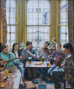 “Long Acre” by Catharine Kingcome. Ivan Milititch, Bernadette Davis, Kevin Crawford, Mick Conneely, Brendan Boyle and Joe Molloy in the Big Bull’s Head, Digbeth, Birmingham in 1998