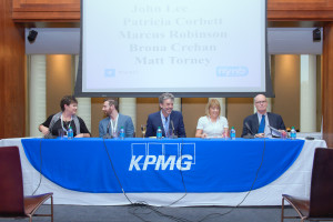 Photo: The opening night of the New York-New Belfast conference featured a panel entitled the "The Healing Power of Art" with Brona Crehan, Matt Torney, Marcus Robinson, Patriciapp Corbett, and moderator John Lee. Courtesy: Aisling Events