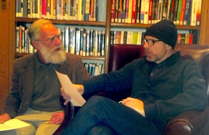 Jerry Freeman (l) discusses crowdfunding strategy with Lúnasa's Kevin Crawford (r).