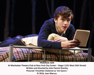 Prodigal Son Manhattan Theatre Club - Stage I Cast List: Annika Boras Timothée Chalamet Robert Sean Leonard Chris McGarry David Potters Production Credits: John Patrick Shanley (director) Santo Loquasto (scenic design) Jennifer von Mayrhauser (costume design) Natasha Katz (lighting design) Fitz Patton (sound design) Paul Simon (original music) Other Credits: Written by: John Patrick Shanley - See more at: http://playbill.com/events/event_detail/prodigal-son-at-manhattan-theatre-club-stage-i-374681#sthash.8ggjeh5b.dpuf