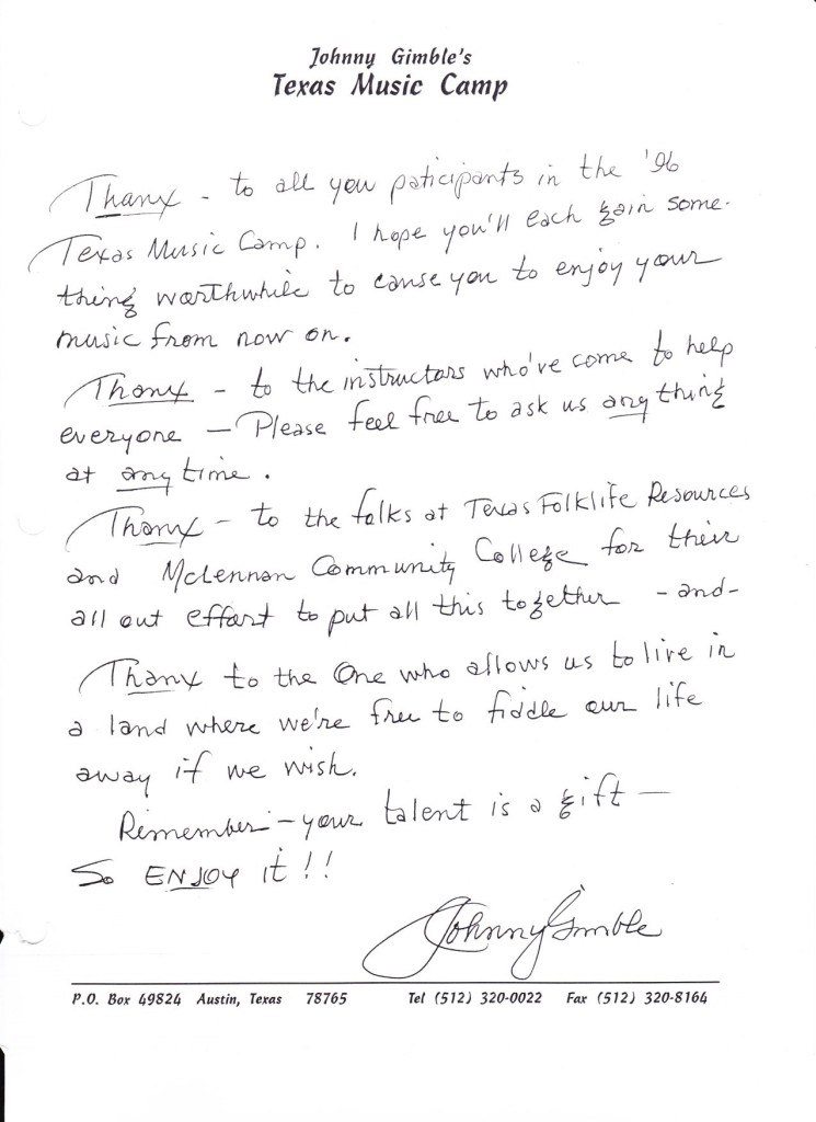 Johnny Gimble's Texas Fiddle Camp message