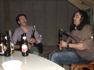 Ivan Goff and Blackie O'Donell on the pipes in the wee hours.
