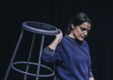 Writer & Actor Kim Kalish carries her prop stool
